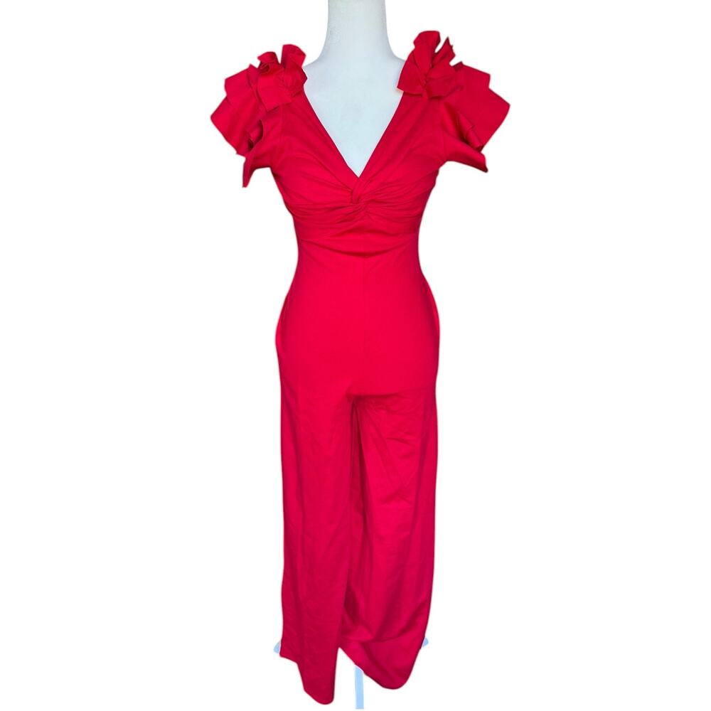 Venus Red Jumpsuit Womens Size 4 Ruffle Sleeve Wide Leg V Neck Formal Party NWT - Picture 4 of 12